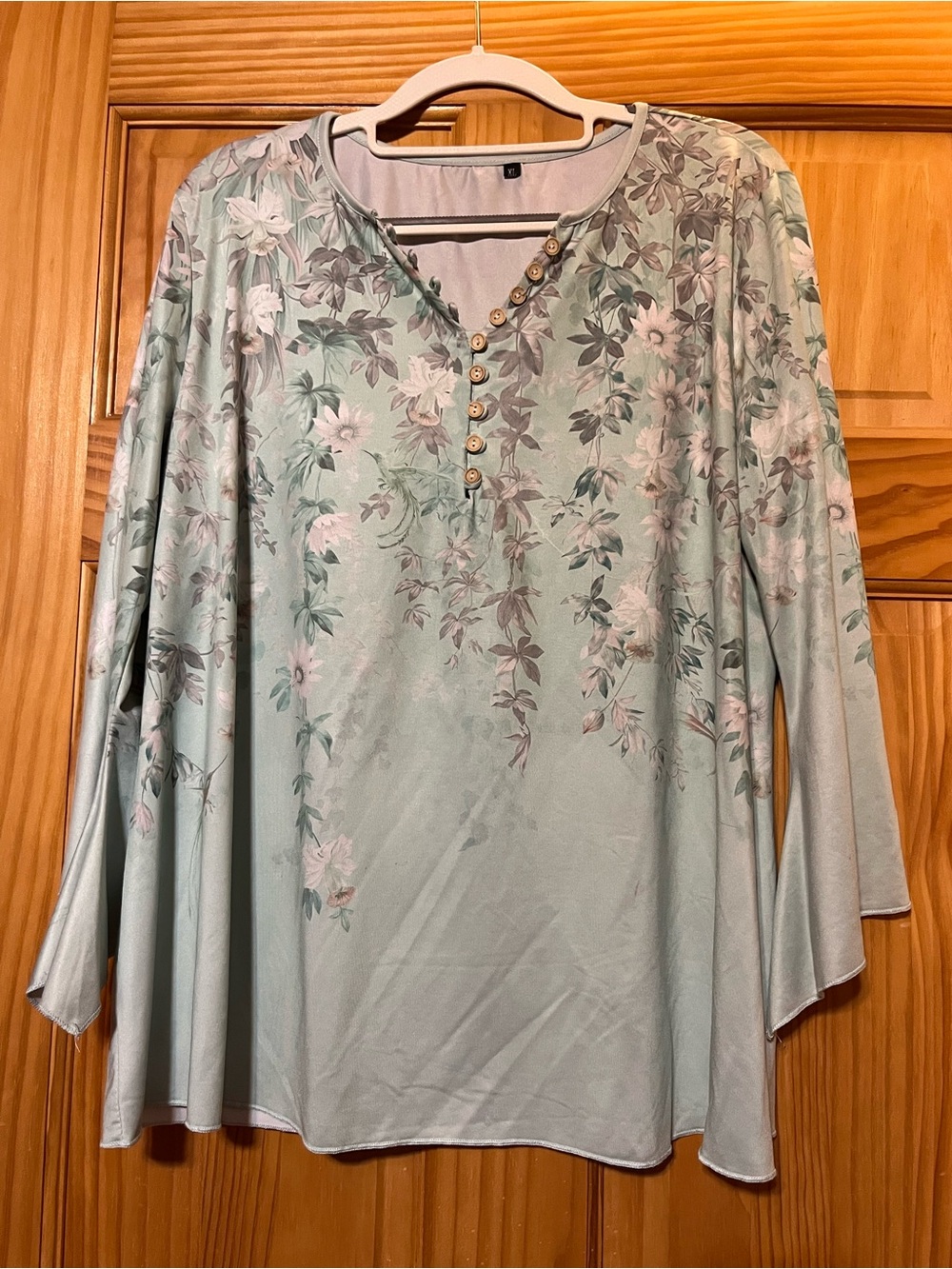 Light Mint Floral Henley Tunic Top with Button Detail